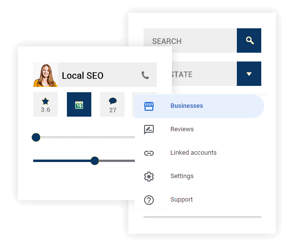 Image of a search form with a web agency employee working in the background.