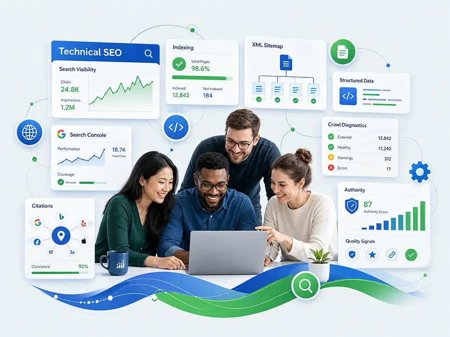 Search analytics workstation showing indexing reports and technical SEO dashboards