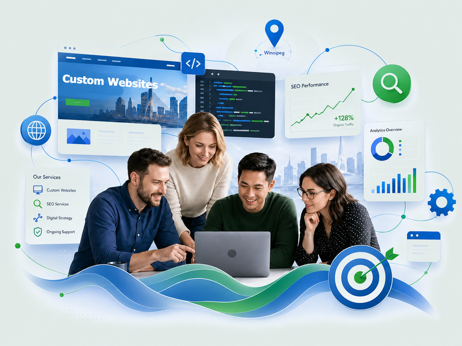 Conceptual illustration showing web design, custom development, and SEO working together.