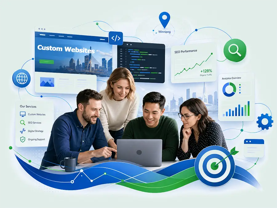 Conceptual illustration showing web design, custom development, and SEO working together.