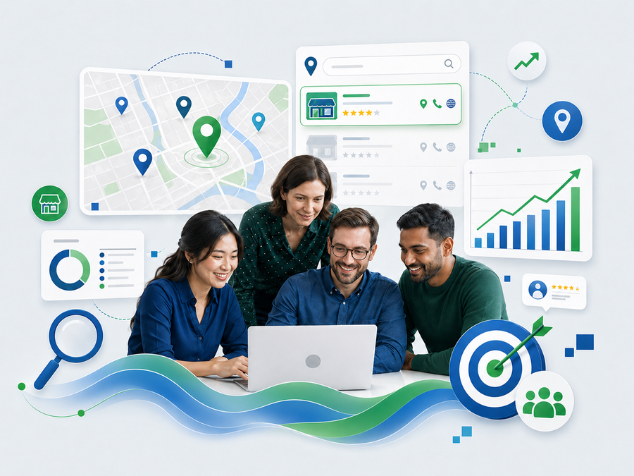 Conceptual local SEO illustration showing map visibility and local discovery signals.