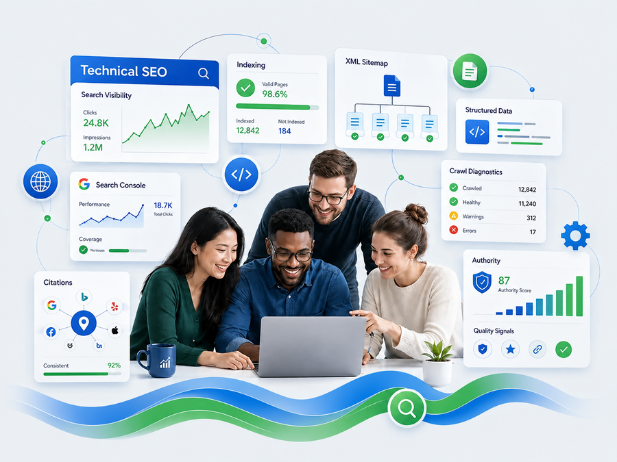 Search analytics workstation showing indexing reports and technical SEO dashboards
