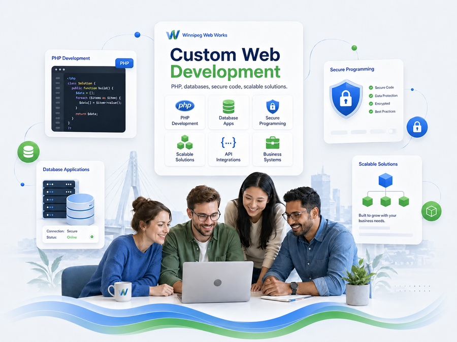 Conceptual custom PHP application and database development illustration.
