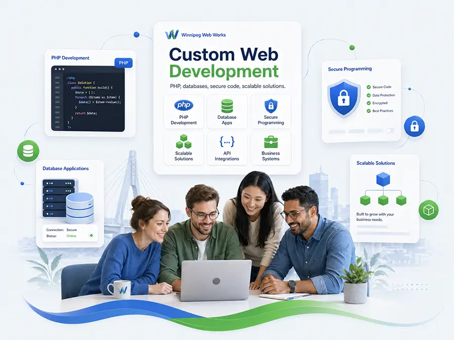 Conceptual custom PHP application and database development illustration.