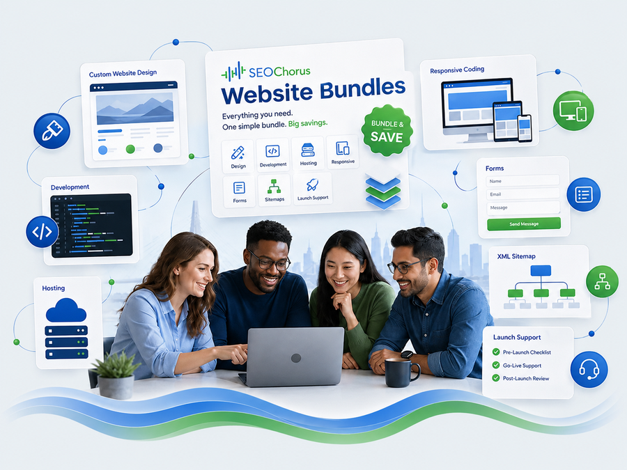 Conceptual website package illustration showing design, development, and launch components.